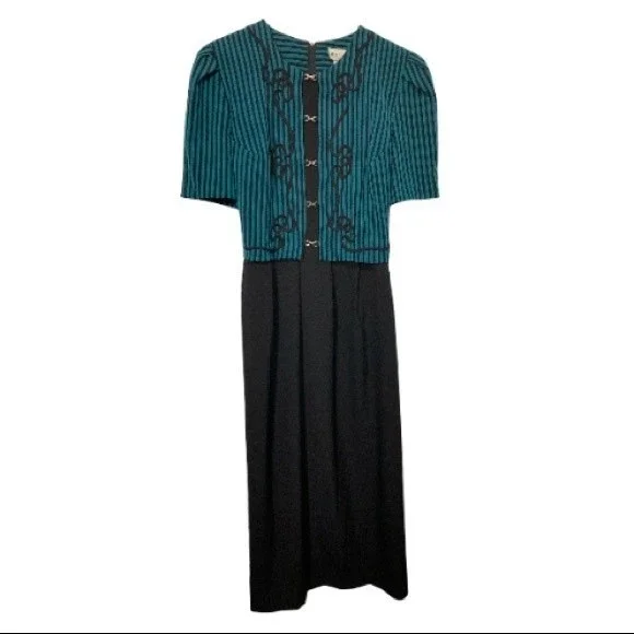 80s Miss Dorby DressTie Back Midi Black Green striped short sleeves size 10 - Picture 9 of 15